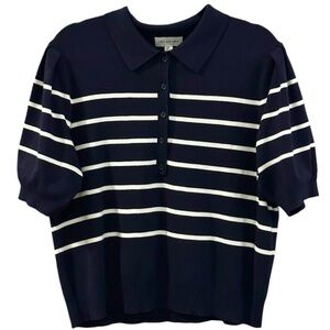 Free Assembly Blue White Striped Knit Polo Top Short Puffed Sleeves 2XL Sweater